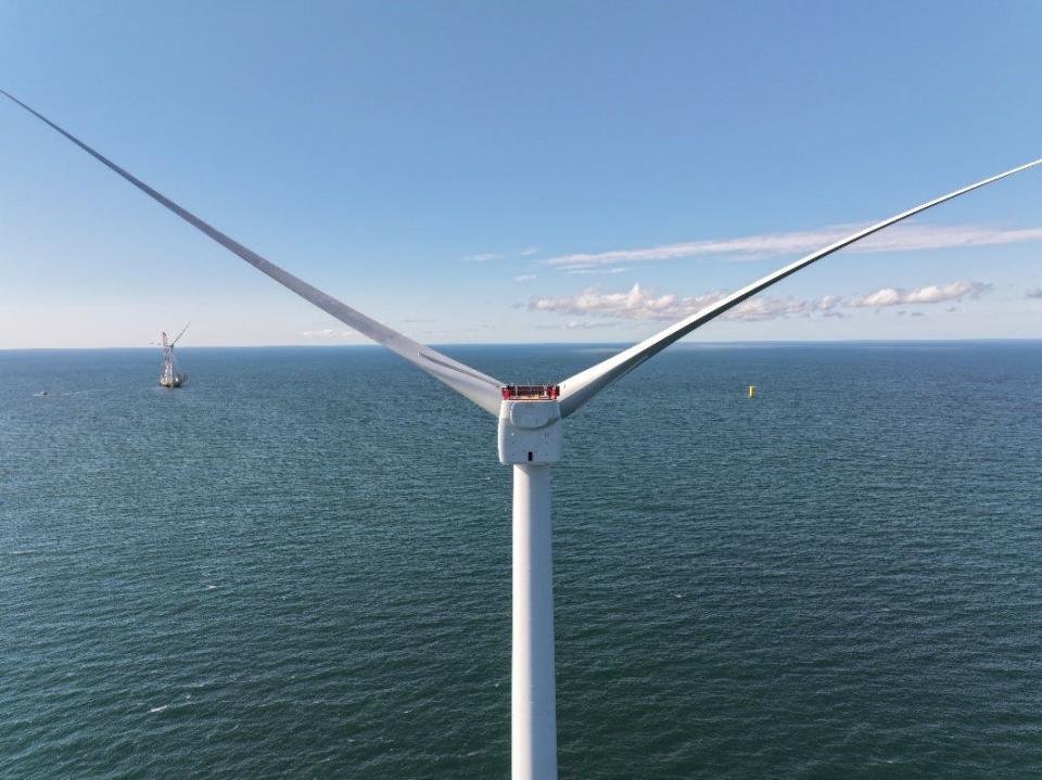 A General Electric Haliade-X turbine stands in the Vineyard Wind 1 project area south of Martha’s Vineyard. On Jan. 2 one turbine delivered about five megawatts of power to the New England power grid, according to the company.