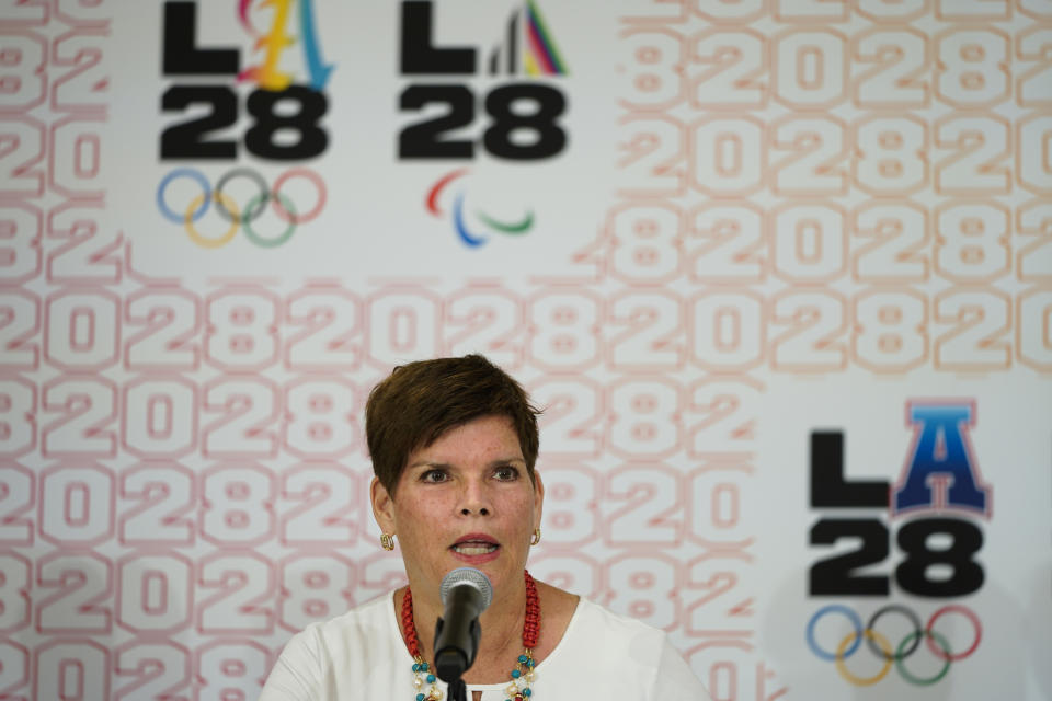 Nicole Hoevertsz, IOC member and LA28 coordination commission chair, speaks during a news conference, Thursday, Sept. 15, 2022, in Los Angeles, updating their progress in planning the 2028 Los Angeles Olympics games. (AP Photo/Jae C. Hong)