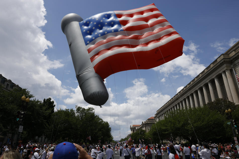 WASHINGTON, DC - JULY 4: An American flag balloon in the Fourth of July parade in downtown Washington D.C., July 4,2023. (Photo by Robb Hill for The Washington Post via Getty Images)