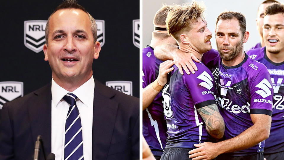 NRL boss Andrew Abdo (pictured left) during a media conference and the Storm (pictured right) celebrating.