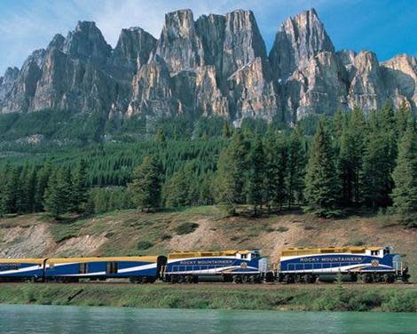 Rocky Mountaineer and Castle Mountain outside Banff, Alberta