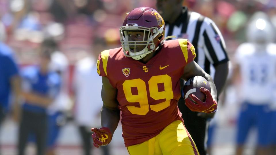 USC linebacker Drake Jackson runs with the ball after intercepting a pass in a win over San Jose State on Sept. 4.