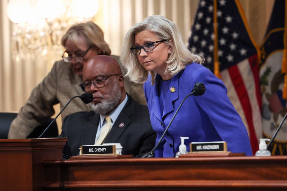 U.S. Rep. Liz Cheney (R-WY) Vice Chairwoman of the Select Committee to Investigate the January 6th Attack on the U.S. Capitol, and Chairman Rep. Bennie Thompson (D-MS) arrive for a hearing on the January 6th investigation on June 09, 2022, on Capitol Hill in Washington, DC. The bipartisan committee, which has been gathering evidence related to the January 6 attack at the U.S. Capitol for almost a year, will present its findings in a series of televised hearings. On January 6, 2021, supporters of President Donald Trump attacked the U.S. Capitol Building during an attempt to disrupt a congressional vote to confirm the electoral college win for Joe Biden.