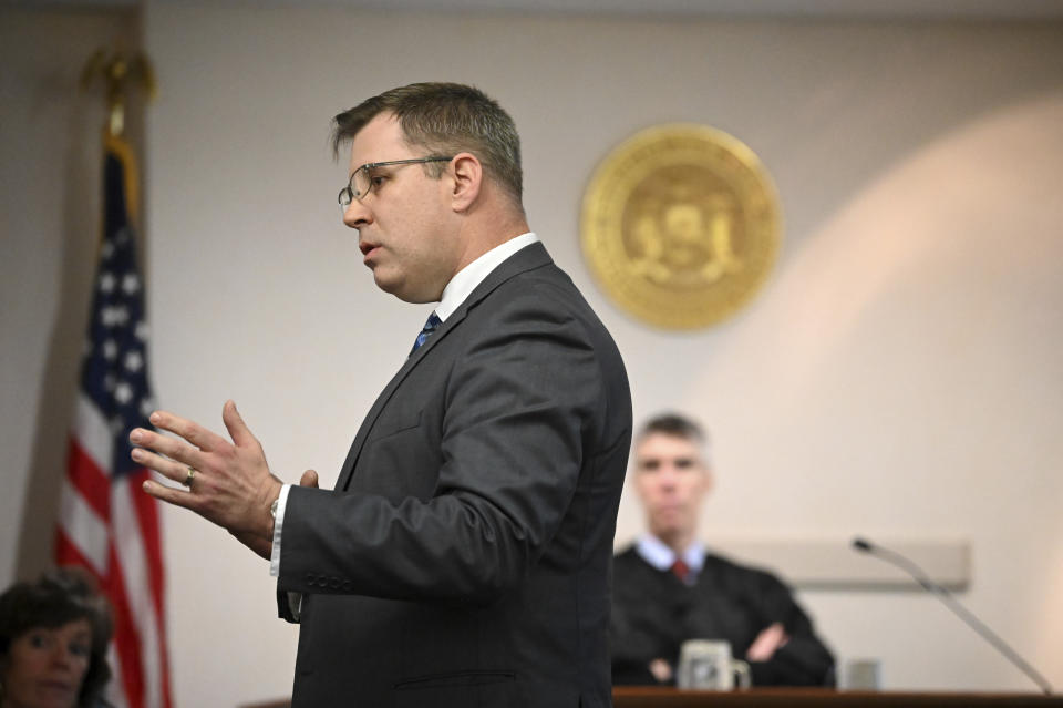 Washington County First Assistant District Attorney Christian P. Morris delivers closing statements in Kevin Monahan's murder trial on Tuesday, Jan. 23, 2024, at Washington County Courthouse in Fort Edward, N.Y. Monahan, 66, is charged with second-degree murder in the death of Kaylin Gillis, who was riding in a caravan of two cars and a motorcycle that pulled into his dark, winding driveway in rural Hebron, about 40 miles (65 kilometers) north of Albany, near the Vermont border. (Will Waldron/The Albany Times Union via AP, Pool)