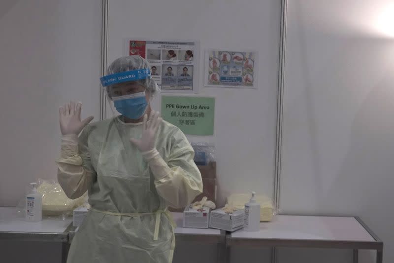 Exhibition hall that has been converted into a makeshift treatment facility to treat patients of the coronavirus disease (COVID-19) is pictured in Hong Kong