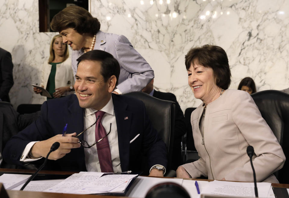 <p>Senators Marco Rubio, Susan Collins and Dianne Feinstein (rear) arrive for former FBI Director James Comey’s appearance before a Senate Intelligence Committee hearing on Russia’s alleged interference in the 2016 U.S. presidential election on Capitol Hill in Washington, June 8, 2017. (Photo: Jim Bourg/Reuters) </p>