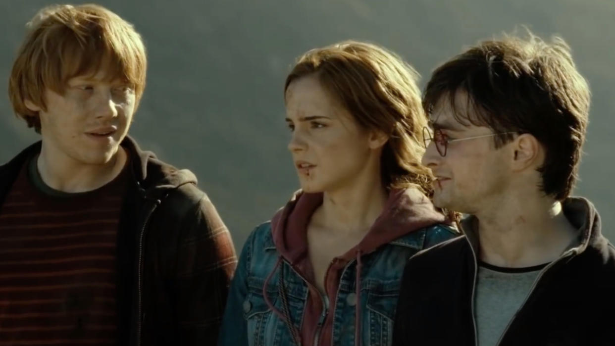  Harry (Daniel Radcliffe) Ron (Rupert Grint) and Hermione (Emma Watson) from Harry Potter and the Deathly Hallows Part 1. 