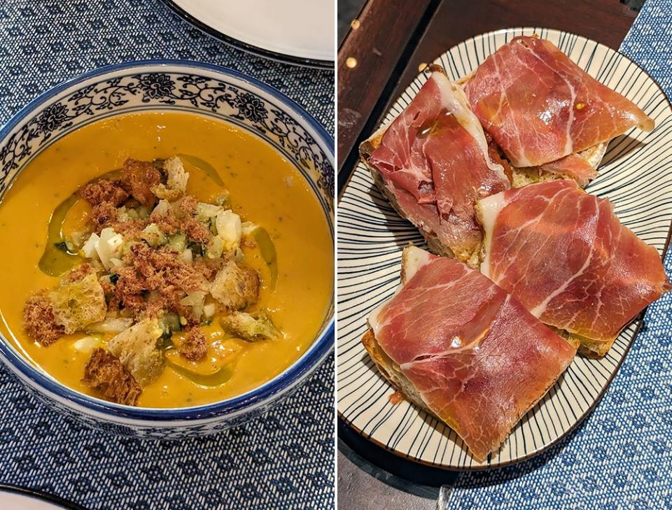 Gazpacho at Olivia Deli (left). Pan Con Tomate & Jamon, a Catalan icon, with added ‘jamon’ (right).