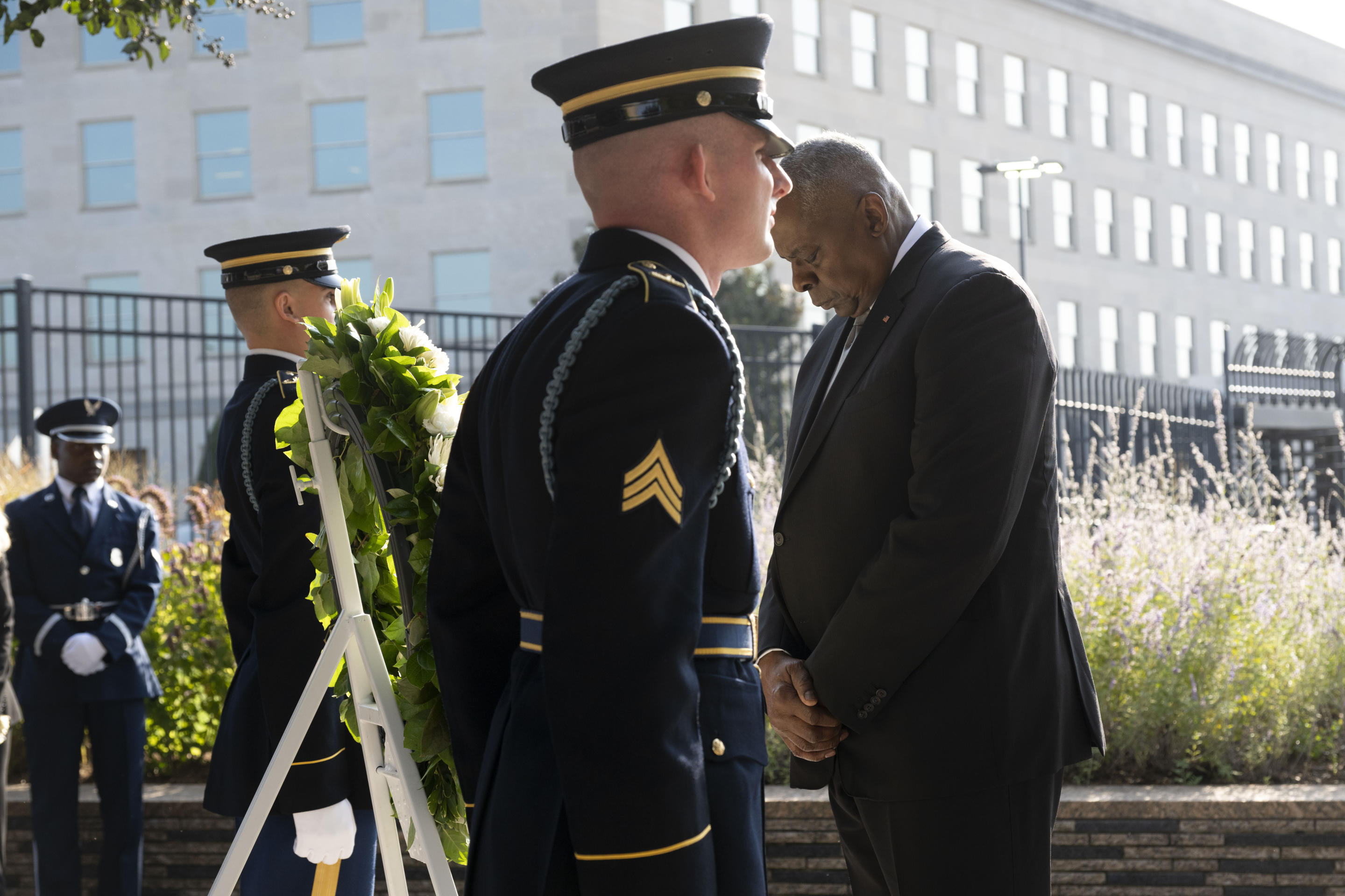 Secretary of Defense Lloyd Austin pauses after laying a wreath at the beginning of the September 11th Remembrance Ceremony at the Pentagon in Washington, DC on Wednesday. 