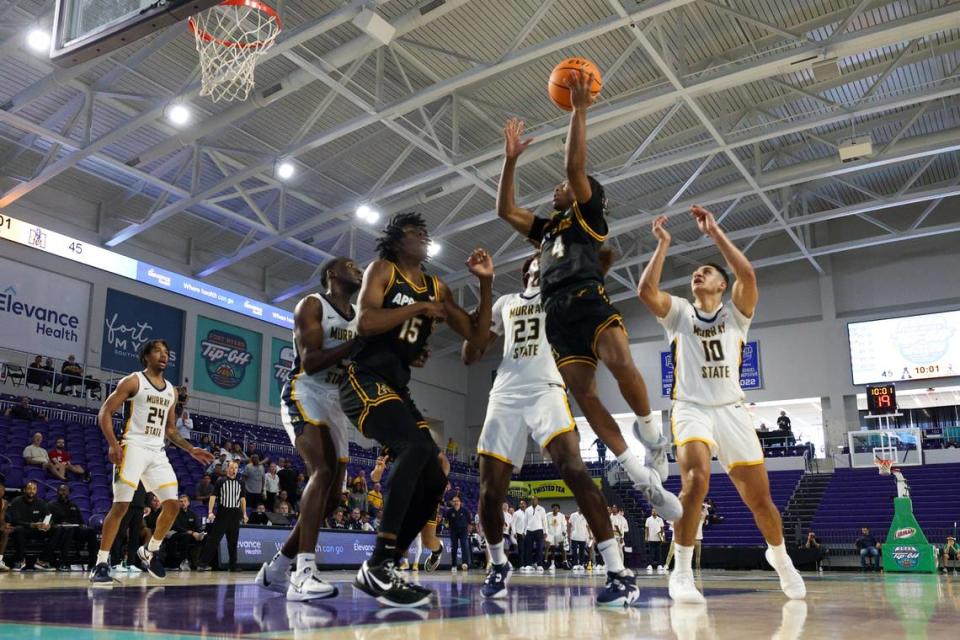 Nov 22, 2023; Fort Myers, FL, USA; Appalachian State Mountaineers guard Jordan Marsh (4) drives to the hoop against the Murray State Racers in the second half during the Fort Myers Tip-Off at Suncoast Credit Union Arena.