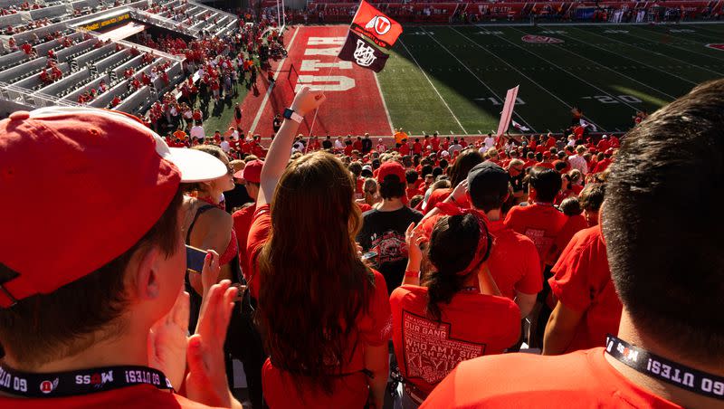 The Utah student section cheers during the season opener against Florida at Rice-Eccles Stadium in Salt Lake City on Thursday, Aug. 31, 2023.