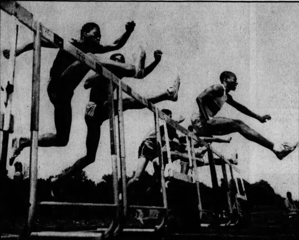 Eric Cannon of Delcastle takes an early lead in the 110 hurdles at the 1985 state meet.