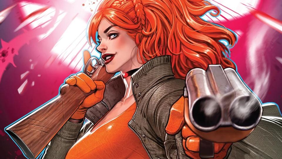 The red-haired Elsa Bloodstone brandishing a pair of double-barrel shotguns.