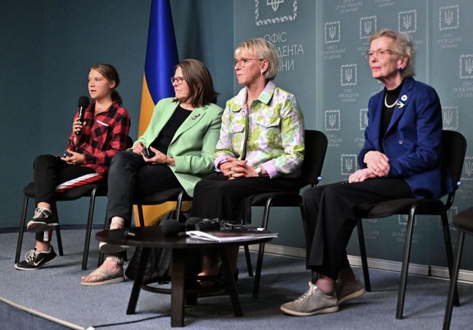(From left) Swedish environmental activist Greta Thunberg, Vice-President of the European Parliament Heidi Hautala, former Deputy Prime Minister of Sweden Margot Wallstrom and Mary Robinson, ex-President of Ireland and former UN High Commissioner for Human Rights, in Kyiv, Ukraine in June 2023 (SERGEI SUPINSKY/AFP via Getty Images)