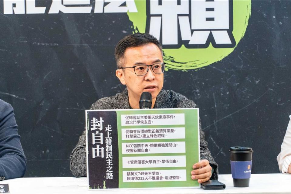 國民黨總統候選人侯友宜競選辦公室5日舉行「封住民主，賴神最狂！民進黨『封』神榜及競選影片發布」記者會，競辦發言人黃子哲批評，民進黨完全執政，卻濫用權力，封民意、封公平正義、封自由，甚至動用網軍側翼出征異己，根本是狂「封」暴「語」。（侯友宜競選辦公室提供／陳薏云台北傳真）