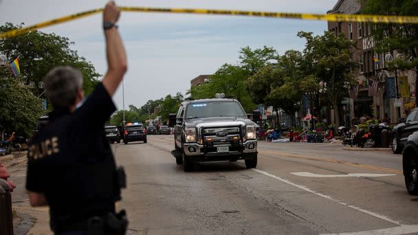 PHOTO: First responders work the scene of a shooting at a Fourth of July parade on July 4, 2022 in Highland Park, Illinois. At least six people were killed, according to authorities. (Jim Vondruska/Getty Images)