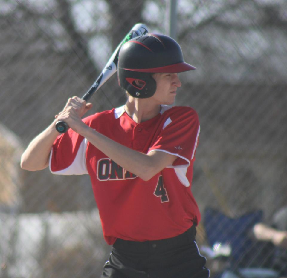 Onaway junior Cole Selke awaits a pitch during game one against Inland Lakes.