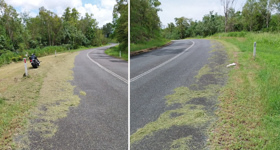 Left, the motorbike can be seen parked in the distance on the grass with grass cuttings strewn over the road which is on a bend. Right, more grass cuttings are seen on the road. 