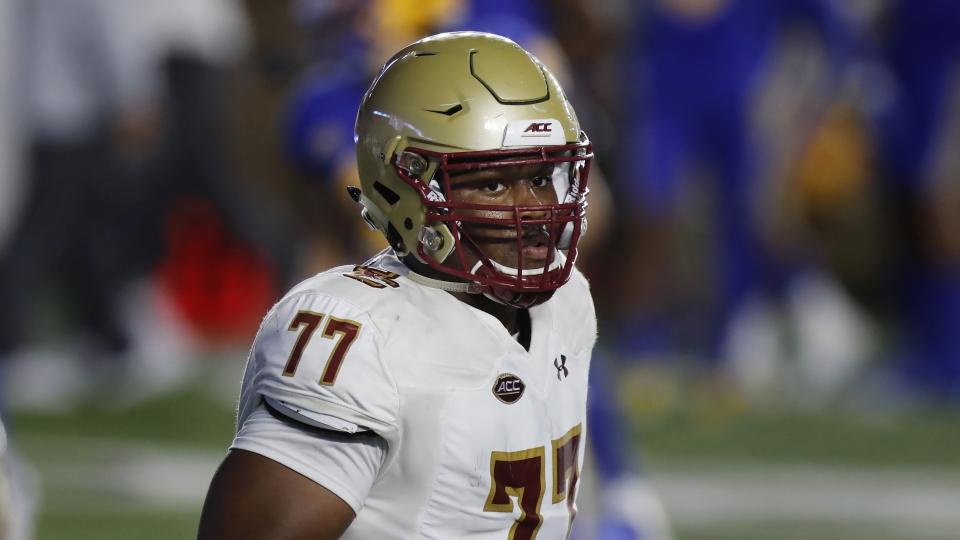 Boston College OT Zion Johnson is the Eagles' best senior NFL prospect. (AP Photo/Michael Dwyer)