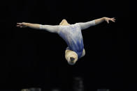 FILE - Emily Lee performs in the floor exercise during the Winter Cup gymnastics competition in Indianapolis, in this Saturday, Feb. 27, 2021, file photo. Lee is among the 18 women competing at the 2021 U.S. Olympic Trials in St. Louis starting on Friday night, June 25.(AP Photo/Darron Cummings, File)