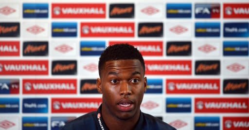 Chelsea's English forward and national football team player, Daniel Sturridge, speaks during a press conference in Manchester, northwest England. Sturridge, who insists he is a centre-forward not a winger despite playing out wide for much of his Chelsea career, could well get an opportunity in Stockholm against Sweden