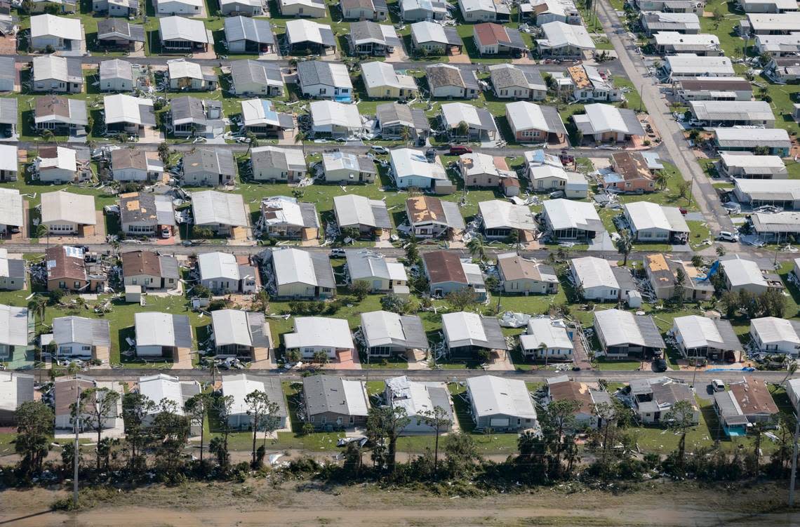 An aerial view of the damaged homes caused by Hurricane Ian are seen in the vicinity of Fort Myers on Thursday, September 29, 2022.