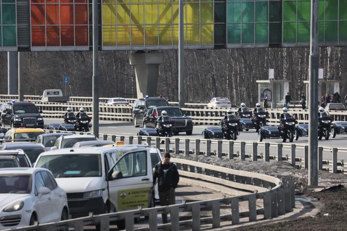 Chinese President Xi Jinping's motorcade drives from the Vnukovo-2 government airport outside Moscow, Russia, Monday, March 20, 2023. (AP Photo)