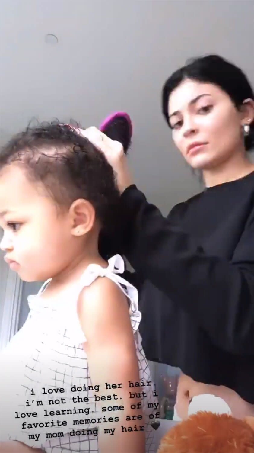 Jenner took the time to learn how to style Stormi's hair. She posted videos of the process to her Instagram stories, saying, "I love doing her hair. I'm not the best. But I love learning. Some of my favorite memories are of my mom doing my hair." 