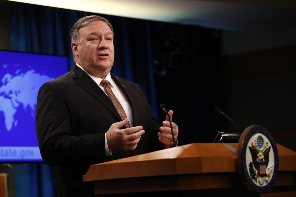 Secretary of State Mike Pompeo speaks at a news conference to announce the Trump administration's plan to designate Iran's Revolutionary Guard a "foreign terrorist organization." (Photo: Patrick Semansky/AP)