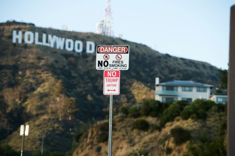 A sign reading "No Trump Anytime" on April 27, 2016 in the hills above Hollywood, California