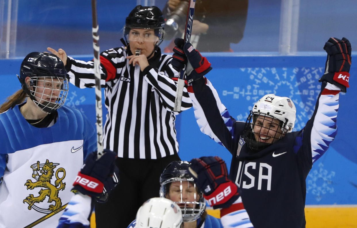 Danielle Cameranesi. right, of the U.S. celebrates scoring&nbsp;a goal against Finland&nbsp;during the women's ice hockey semifinal on February 19, 2018 at the Winter Olympics. She scored two goals against Finland. (Photo: Grigory Dukor/Reuters)