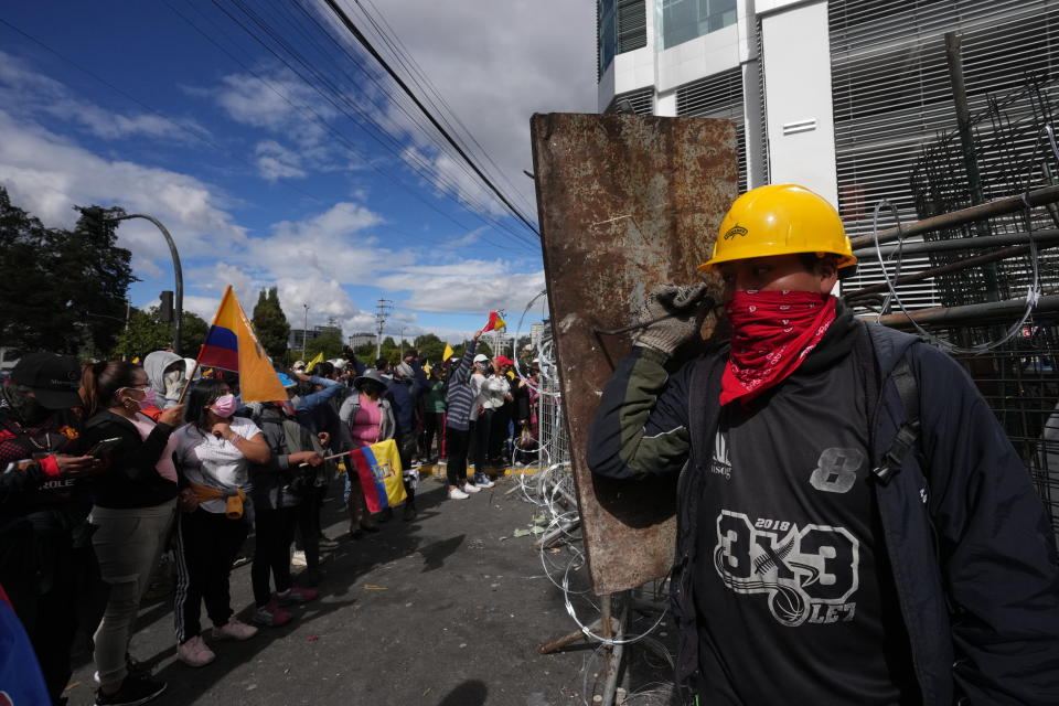 Protesters rally to show their support for the recent protests and national strike against the government of President Guillermo Lasso, near the National Assembly, in Quito, Ecuador, Saturday, June 25, 2022. Ecuador’s president charged Friday that the Indigenous leader heading the nationwide strike is seeking to stage a coup and warned he will use all legal tools to contain the violence unleashed by the demonstrations. (AP Photo/Dolores Ochoa)