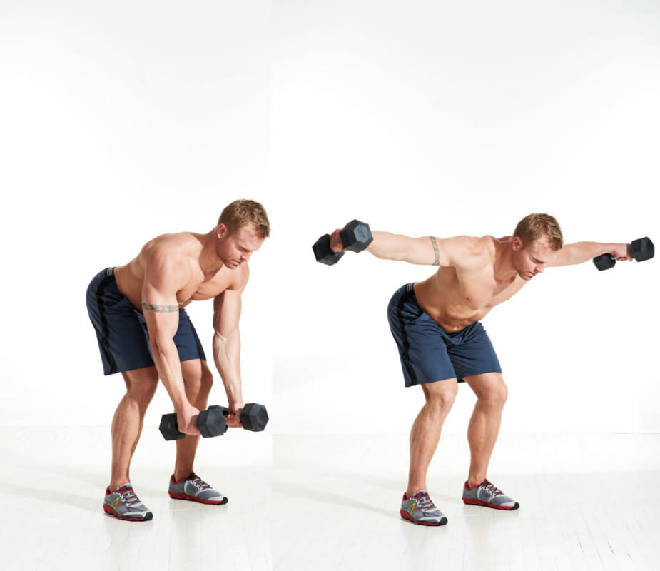 How to do it:<ul><li>Set up as you did for the neutral-grip row but with lighter dumbbells.</li><li>Raise your arms out to your sides 90 degrees, squeezing your shoulder blades together at the top for a second.</li><li>Complete your set and then rest until the end of three minutes, when your timer goes off.</li></ul>