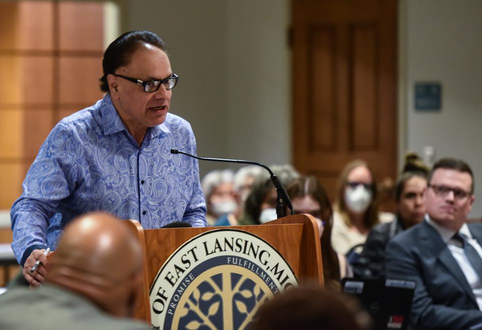 Lorenzo Lopez, a member of Advocates and Leaders for Police and Community Trust speaks  Thursday, April 28, 2022, during a special meeting regarding the ongoing investigation of an April 25 shooting in the parking lot outside the Lake Lansing Meijer. A 20-year-old man was shot by police. Michigan State Police are heading up the investigation.