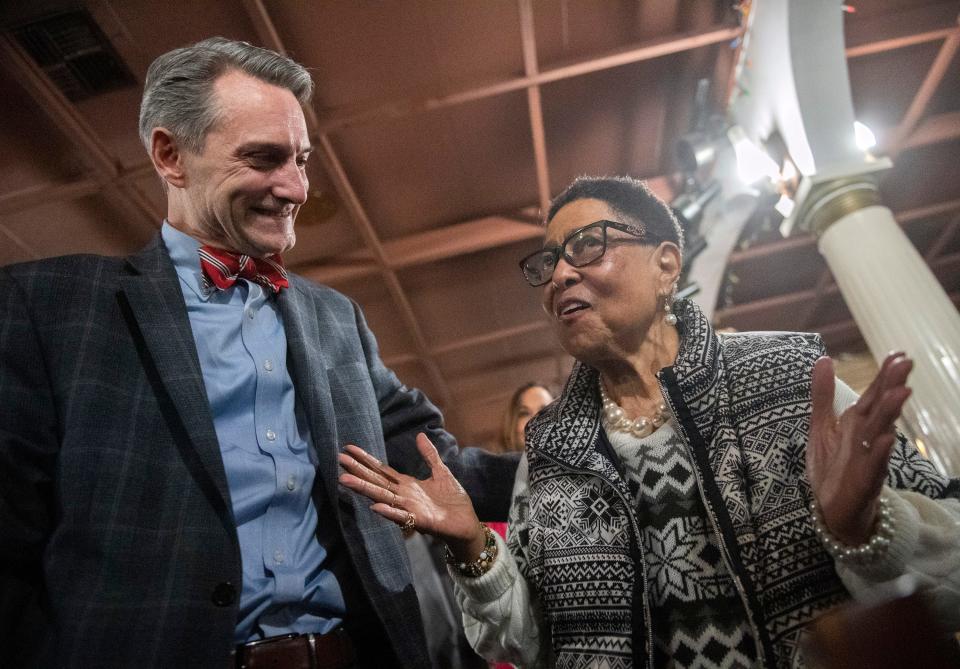 Valley Strong Credit Union Michael Duffy is congratulated by Occeletta Briggs after he was named the Greater Stockton Chamber of Commerce's 2023 Stocktonian of the Year at the Yasoo Yani restaurant in downtown Stockton, on Friday, Jan. 27, 2023. Briggs nominated Duffy for the honor. 