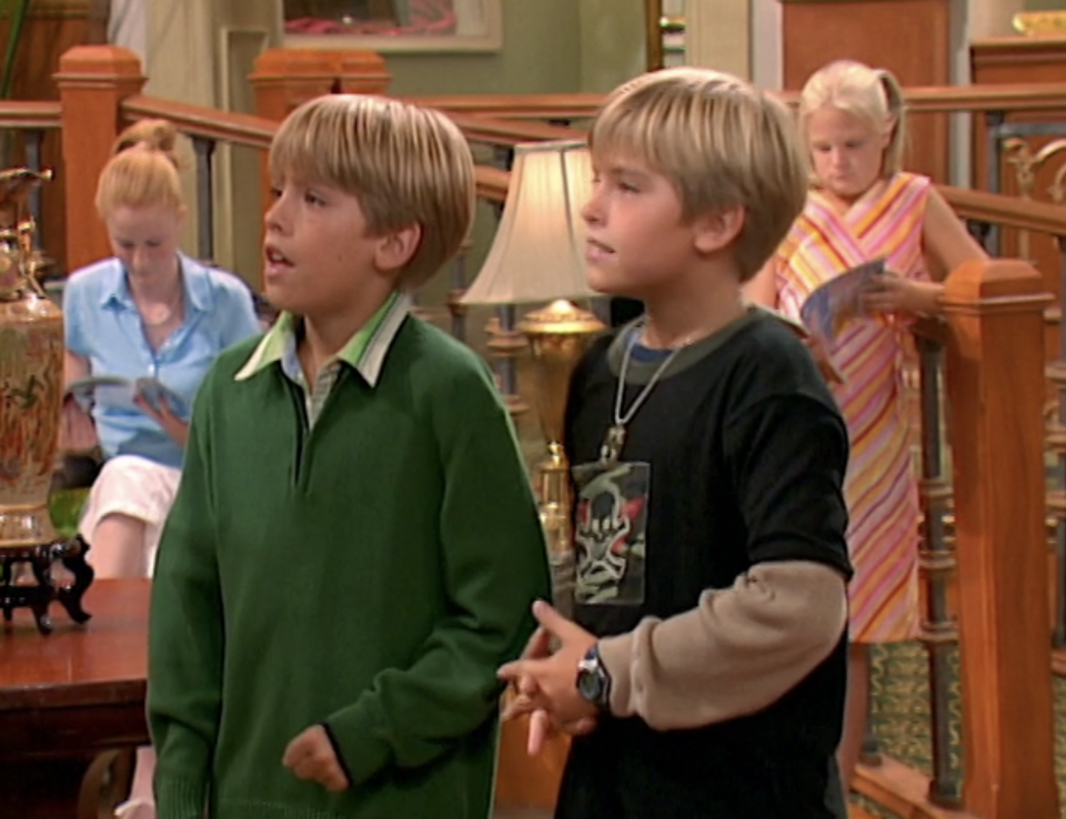 Dylan and Cole standing together in a scene from "The Suite Life of Zack and Cody"