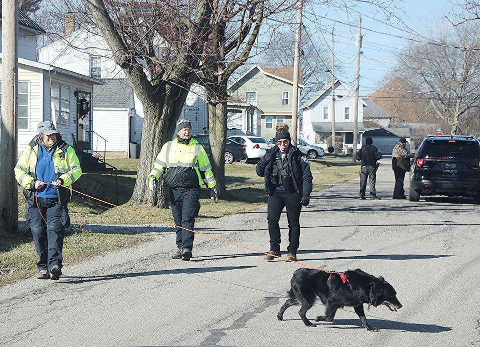 Ashland police and rescuers from three other agencies search Saturday for any sign of Timothy Metcalf. Metcalf left his West 12th Street home on Ashland's north side about 8 p.m. Feb. 20 and walked up Cottage Street — police dogs last week lost Metcalf's scent in the 1600 block of Cottage Street.
