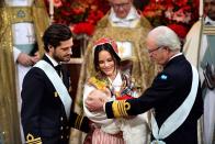 <p>Prince Carl Philip and Princess Sofia at the christening of their second son, Prince Gabriel, in December 2017. King Carl XVI Gustaf was on hand for the celebration. </p>