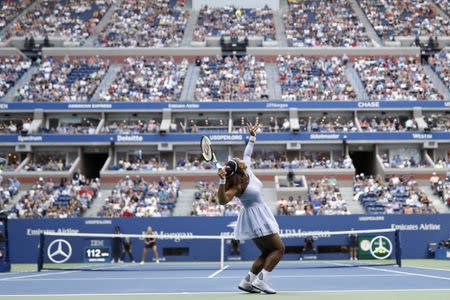 Sep 2, 2018; New York, NY, USA; Serena Williams of the United States serves against Kaia Kanepi of Estonia (not pictured) in the fourth round on day seven of the US Open at USTA Billie Jean King National Tennis Center. Mandatory Credit: Geoff Burke-USA TODAY Sports