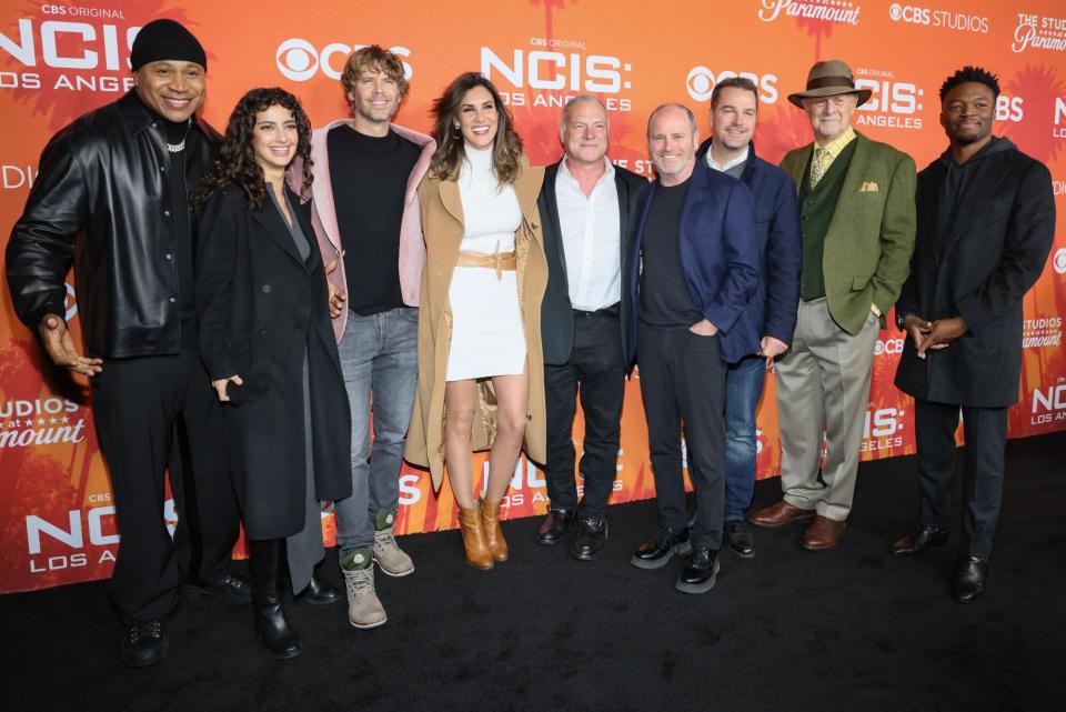 LOS ANGELES, CALIFORNIA - MARCH 03: (L-R) LL Cool J, Medalion Rahimi, Eric Christian Olsen, Daniela Ruah, R. Scott Gemmill, David Stapf, Chris O'Donnell, Gerald McRaney, and Caleb Castille attend the CBS' "NCIS: Los Angeles" series wrap party at Paramount Studios on March 03, 2023 in Los Angeles, California. (Photo by Rodin Eckenroth/Getty Images)