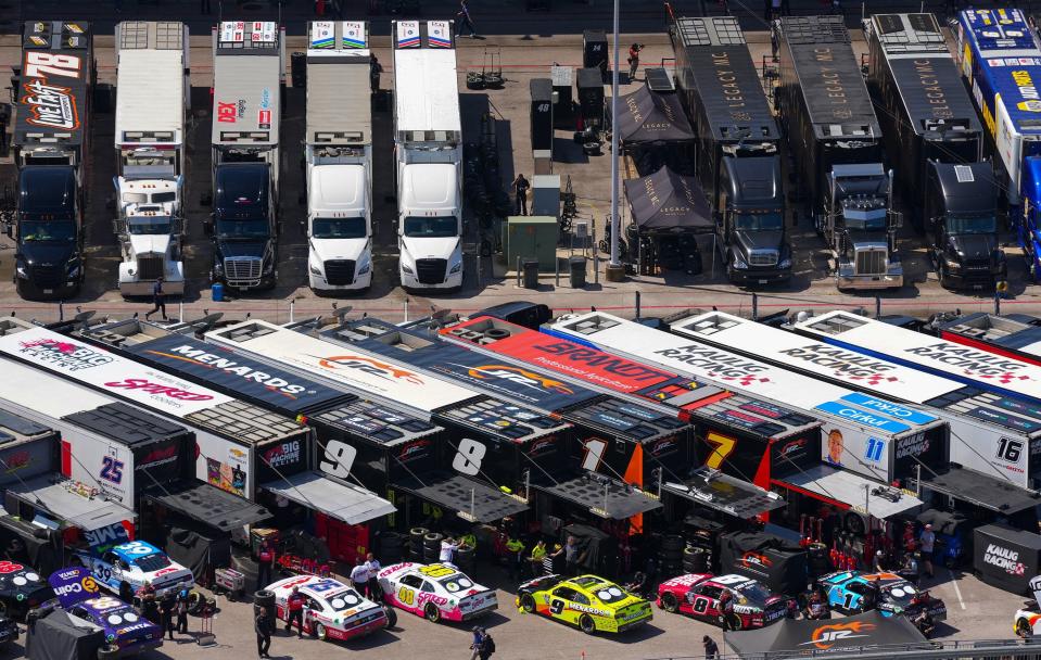 NASCAR teams with their cars and crews and support trucks line up at Circuit of the Americas during practice rounds Friday. Sunday's EchoPark Automotive Grand Prix race marked the end of the week for the stock car circuit's stay at Austin's Formula One track.