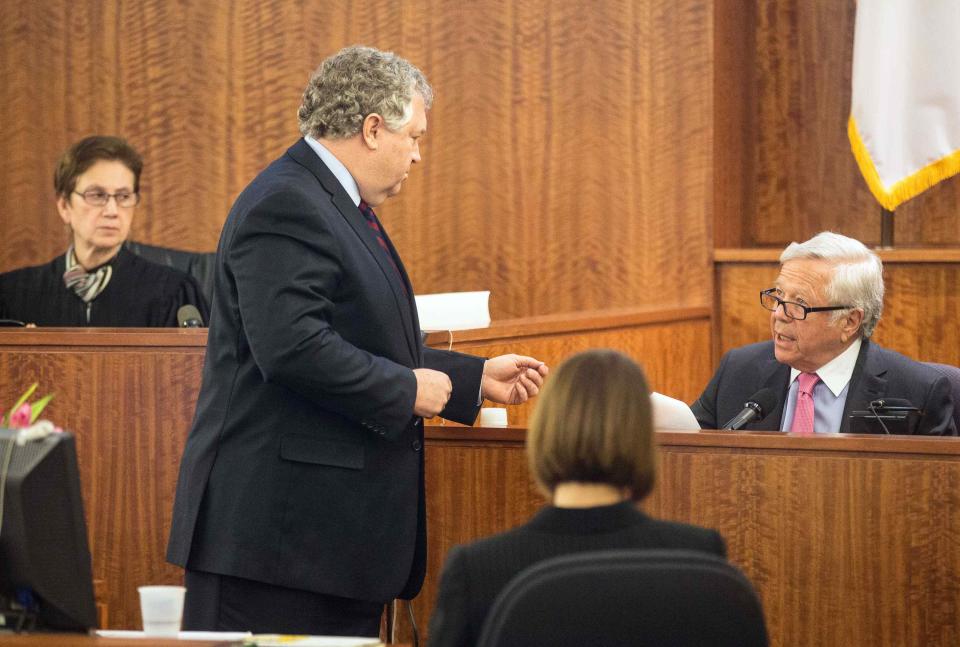 Judge Susan Garsh listened as defense attorney Michael Fee questions the owner of the New England Patriots, Robert Kraft, during the murder trial of former New England Patriots tight end Aaron Hernandez at Bristol County Superior Court in Fall River, Massachusetts, March 31, 2015. REUTERS/Aram Boghosian/Pool