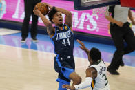 Oklahoma City Thunder forward Charlie Brown Jr. (44) shoots over Utah Jazz guard Trent Forrest (3) in the second half of an NBA basketball game Friday, May 14, 2021, in Oklahoma City. (AP Photo/Sue Ogrocki)