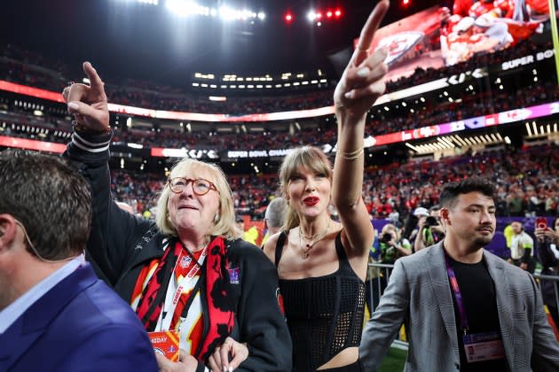 Donna Kelce and Taylor Swift celebrate after Super Bowl LVIII.  - Credit: Perry Knotts/Getty Images