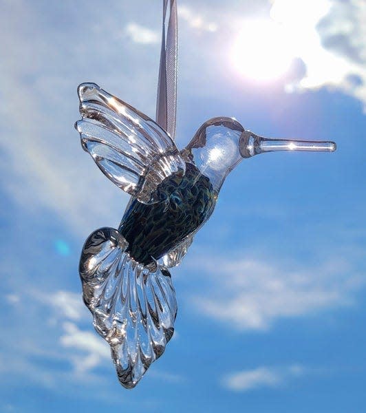 A hand-blown glass hummingbird from Gather Glass in Providence.