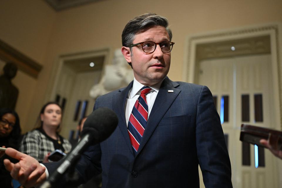 US House Speaker Mike Johnson, R-La., speaks to the press after meeting with Ukrainian President Volodymyr Zelensky on Capitol Hill in Washington, DC, on December 12, 2023.