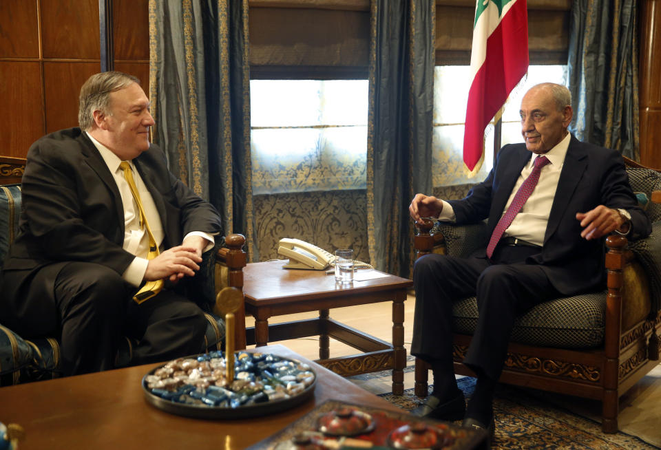 U.S. Secretary of State Mike Pompeo, left, meets with Lebanese Parliament speaker Nabih Berri, right, in Beirut, Lebanon, Friday, March 22, 2019, the last leg of a Mideast tour that has also taken him to Kuwait and Israel. Pompeo is scheduled to meet with a host of Lebanese officials, including allies of the Iran-backed Hezbollah during the two-day visit, his first as secretary of state. (AP Photo/Hussein Malla)