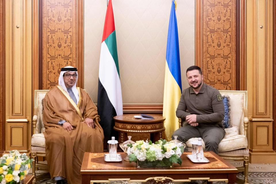 UAE's Mansour bin Zayed Al Nahyan meets Ukraine's president, Volodymyr Zelensky (UAE’s ministry of presidential affairs)