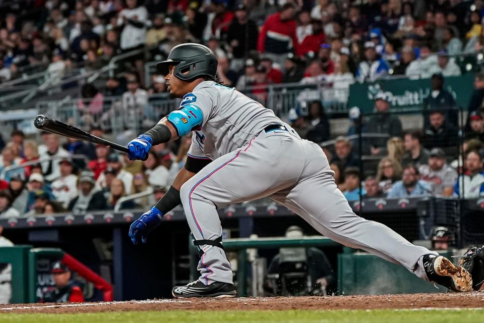 Marlins third baseman Jean Segura breaks up Braves pitcher Spencer Strider's no-hitter.