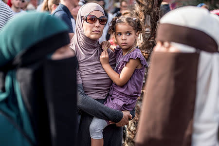 Demonstration on the first day of the implementation of the Danish face veil ban in Copenhagen, Denmark August 1, 2018. Mads Claus Rasmussen/Ritzau Scanpix/via REUTERS